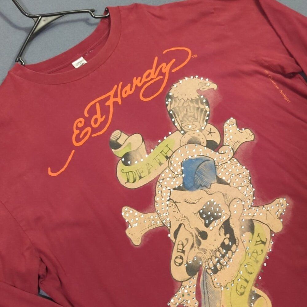 Ed Hardy Shirt Mens 4XL Red Long Sleeve Death Or Glory Rhinestone Embellished